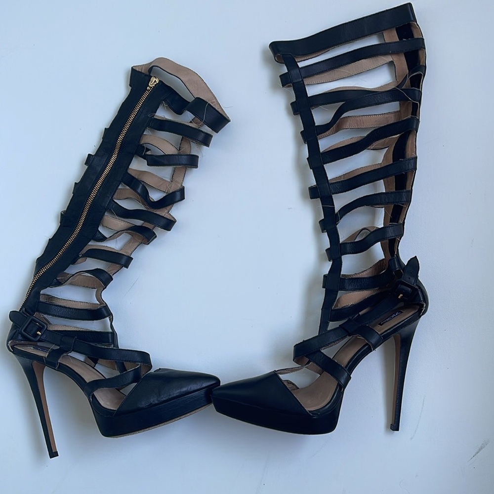 Ziginy Proxy Black Knee High Gladiator Heeled San… - image 3